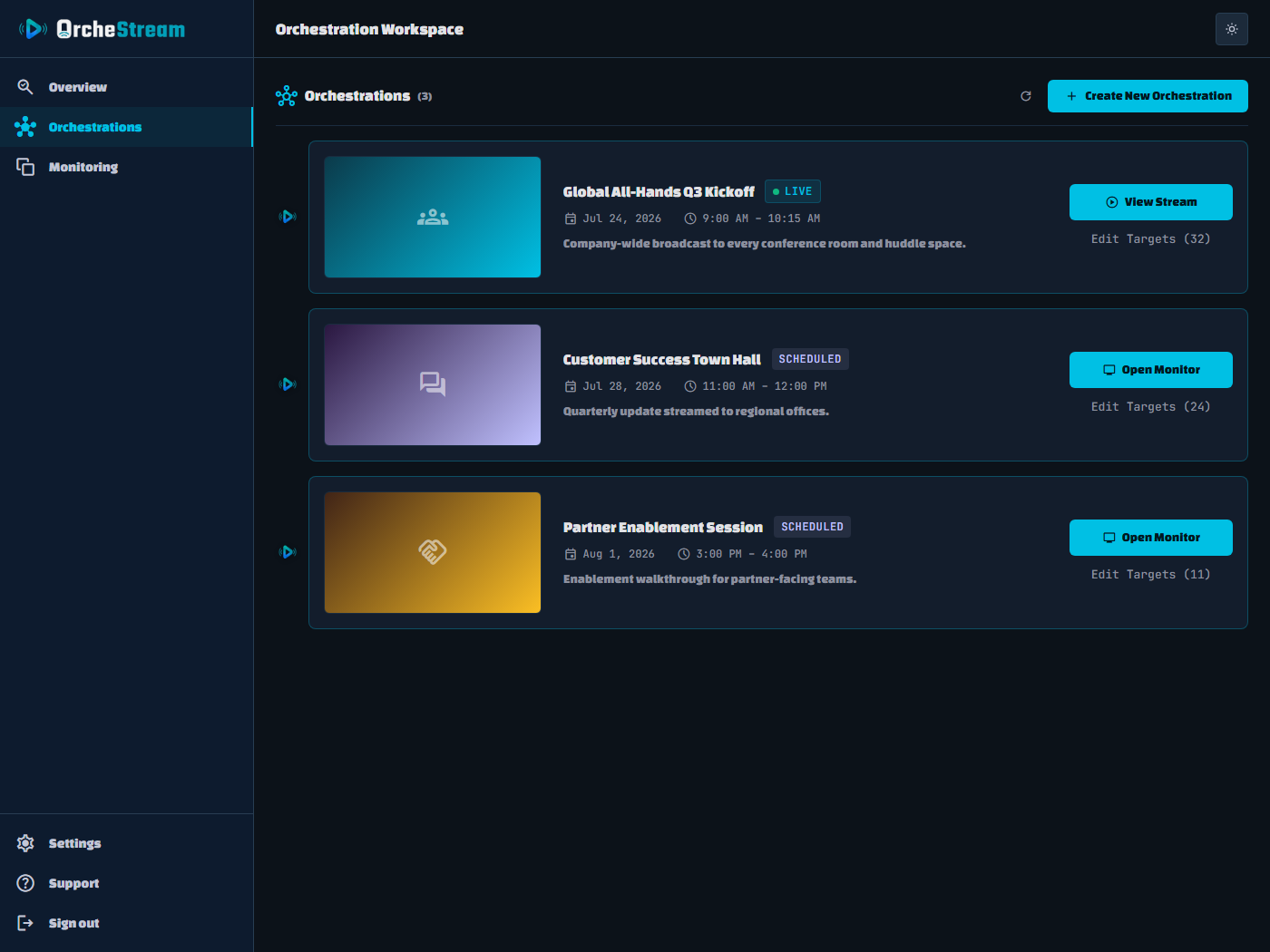 OrcheStream orchestrations workspace showing scheduled and live events assigned to rooms and spaces